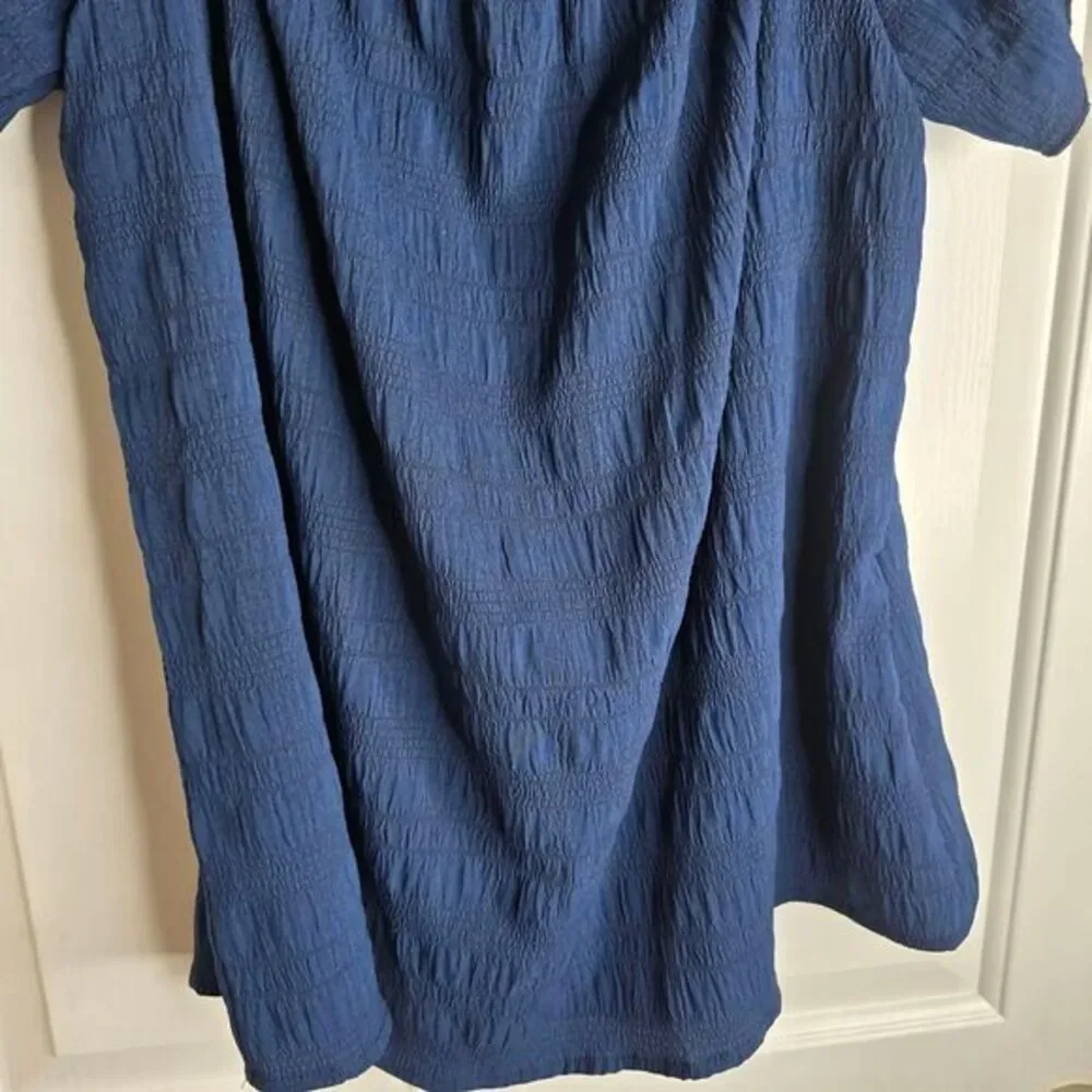 Navy Blue Textured Cotton Peasant Shirt with Ruffle Neckline and Balloon Sleeves - Picture 4 of 9